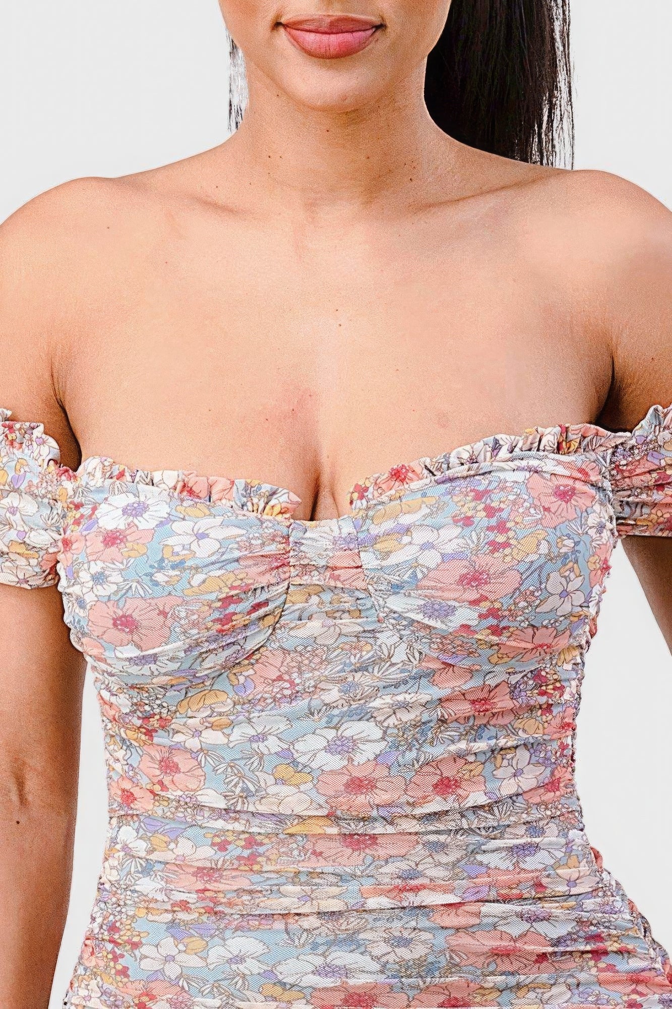 Floral Print Mesh Sweetheart Ruffled Off Shoulder Ruched Mini Dress by Selvanelle