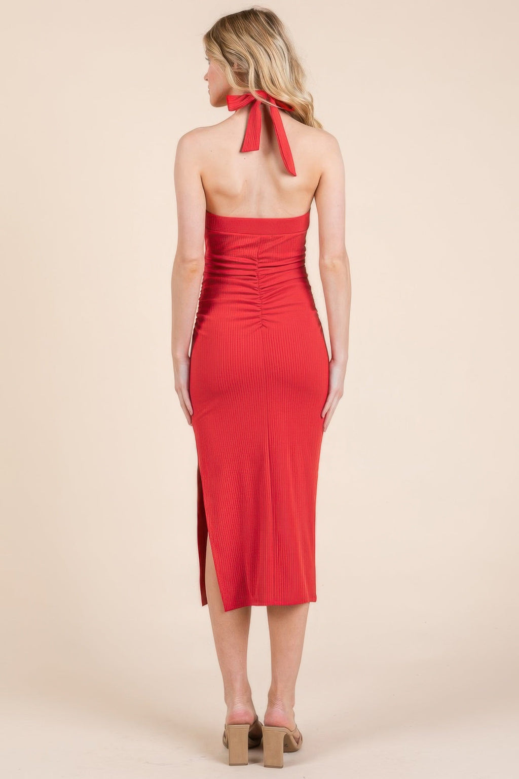 Halter Tied Criss-cross Midi Ribbed Dress by Selvanelle