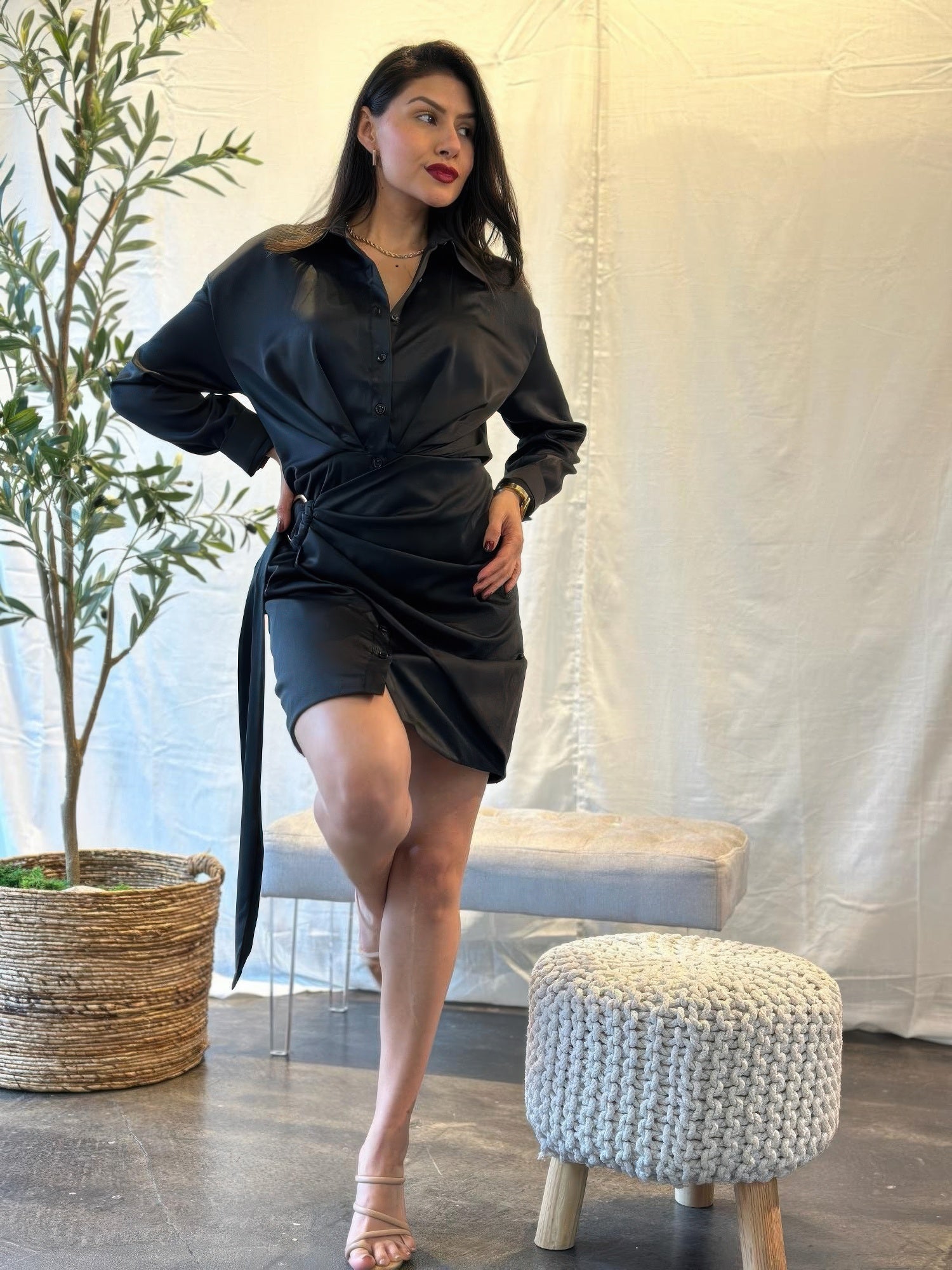 Wrap Satin Long Sleeve Button Down Mini Dress by Selvanelle