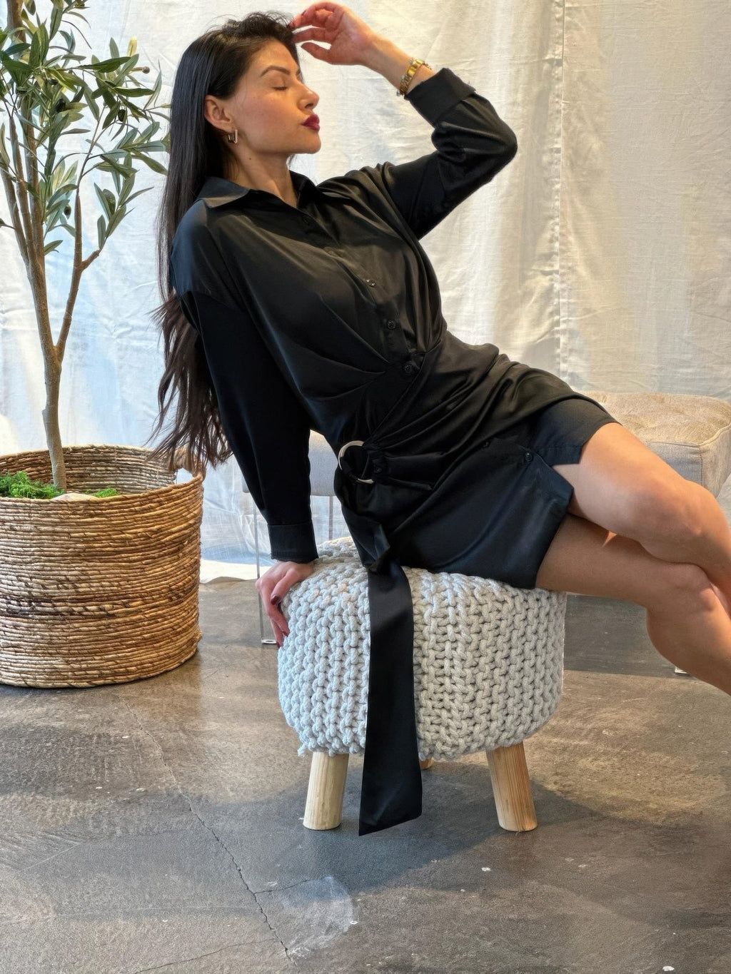 Wrap Satin Long Sleeve Button Down Mini Dress by Selvanelle