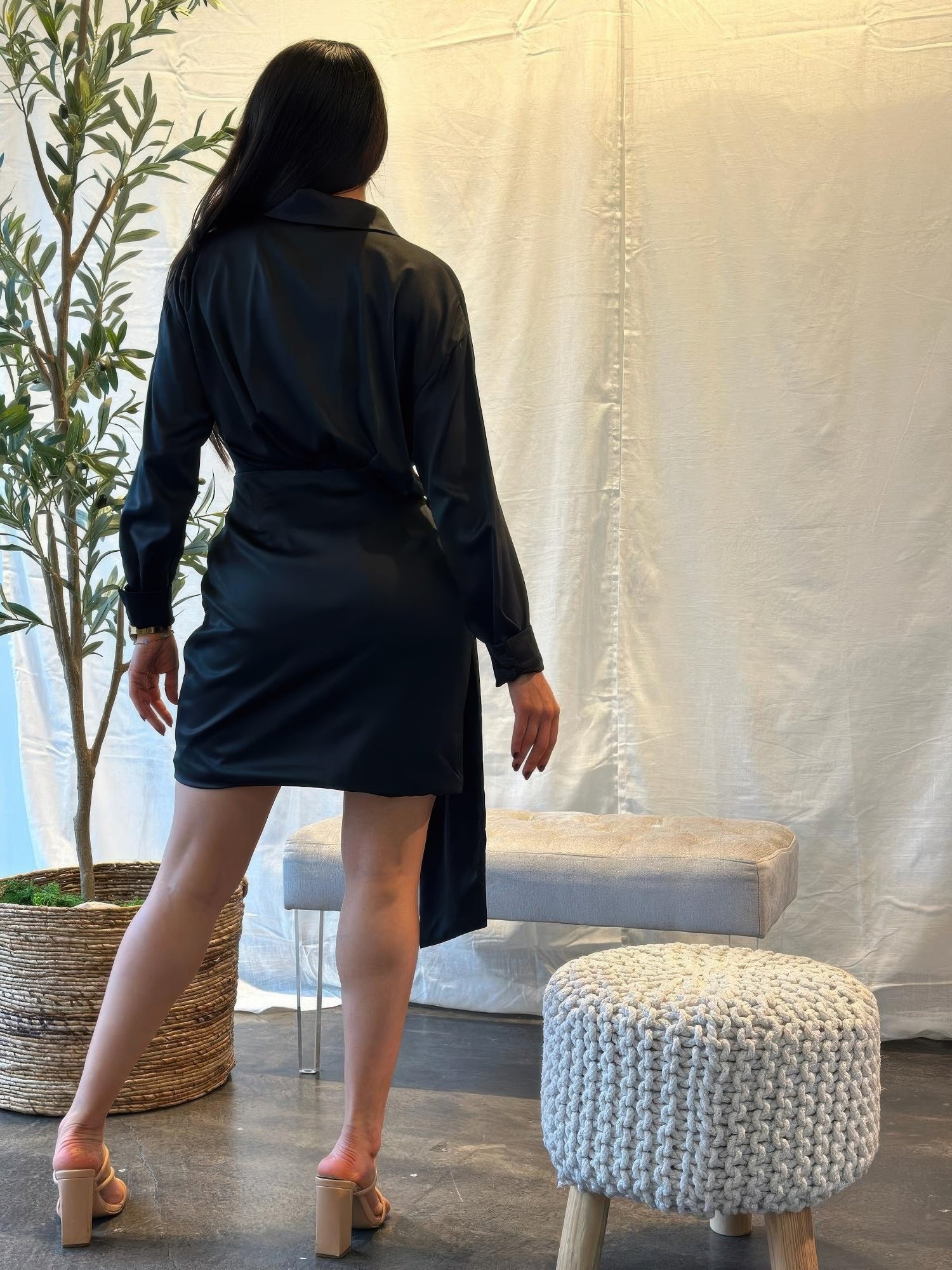 Wrap Satin Long Sleeve Button Down Mini Dress by Selvanelle