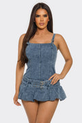 Belted Denim Mini Romper Dress by Selvanelle