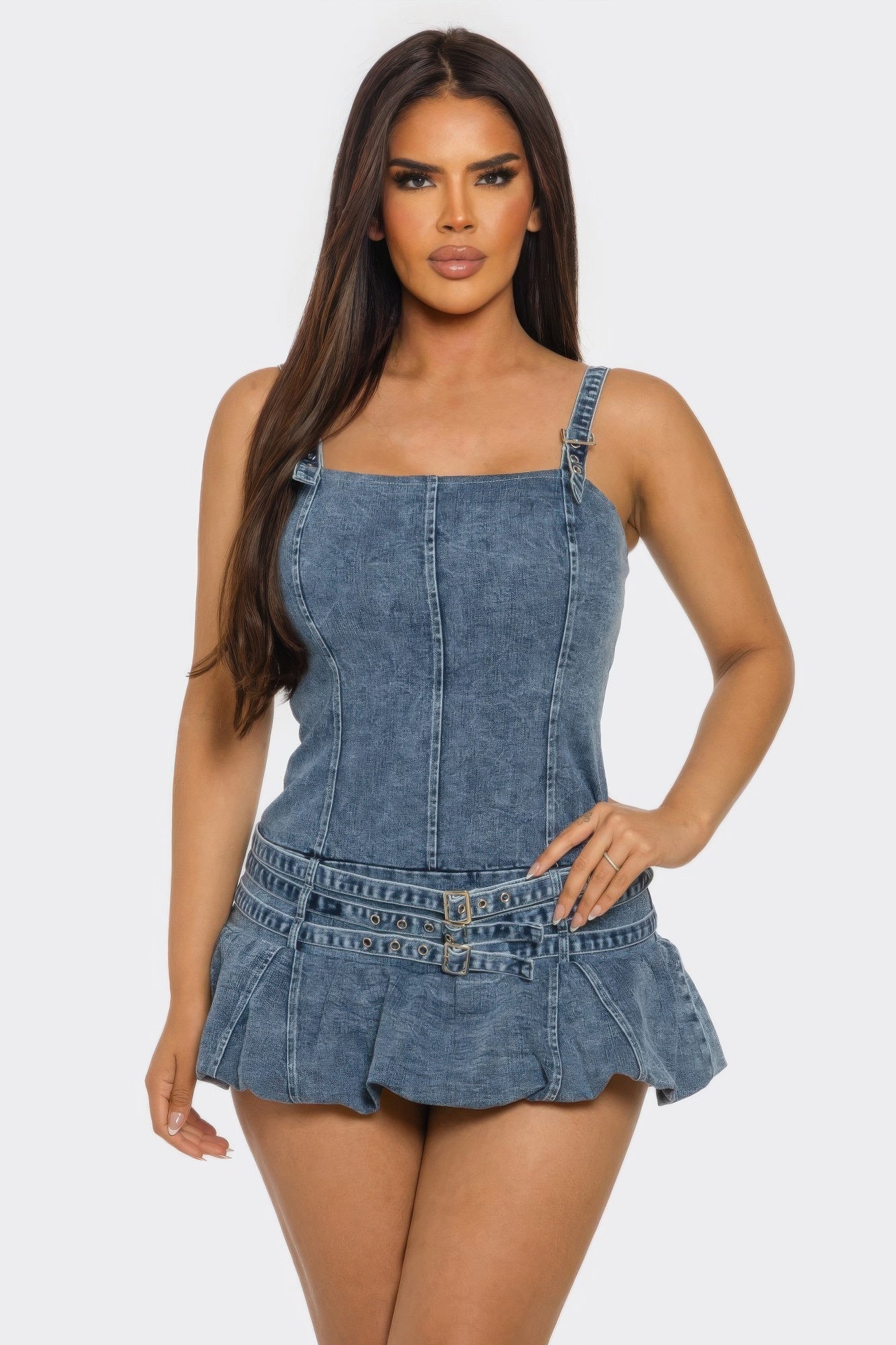 Belted Denim Mini Romper Dress by Selvanelle