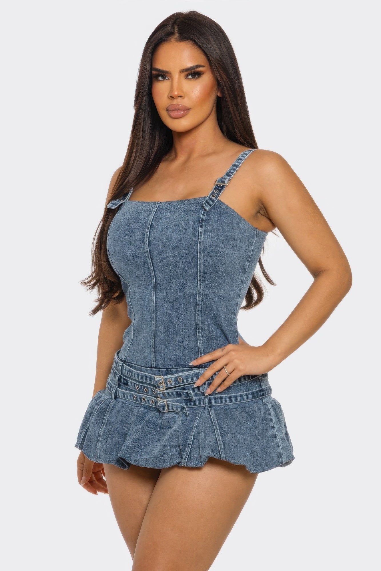 Belted Denim Mini Romper Dress by Selvanelle