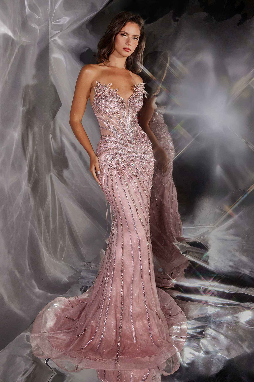 Ladivine CD715 Radiant Linear Beaded Strapless Mermaid Gown by DiscountDressShop