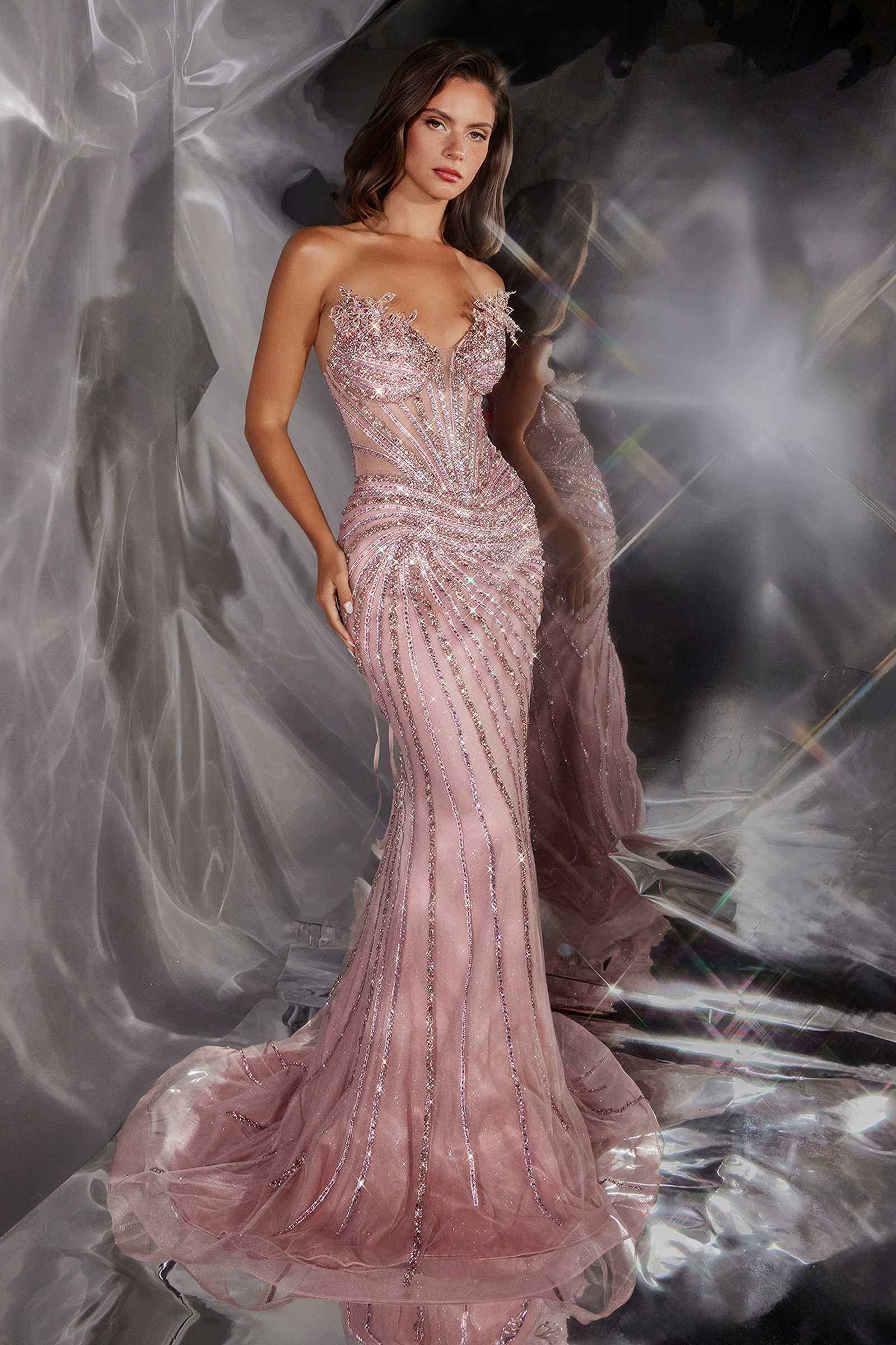 Ladivine CD715 Radiant Linear Beaded Strapless Mermaid Gown by DiscountDressShop