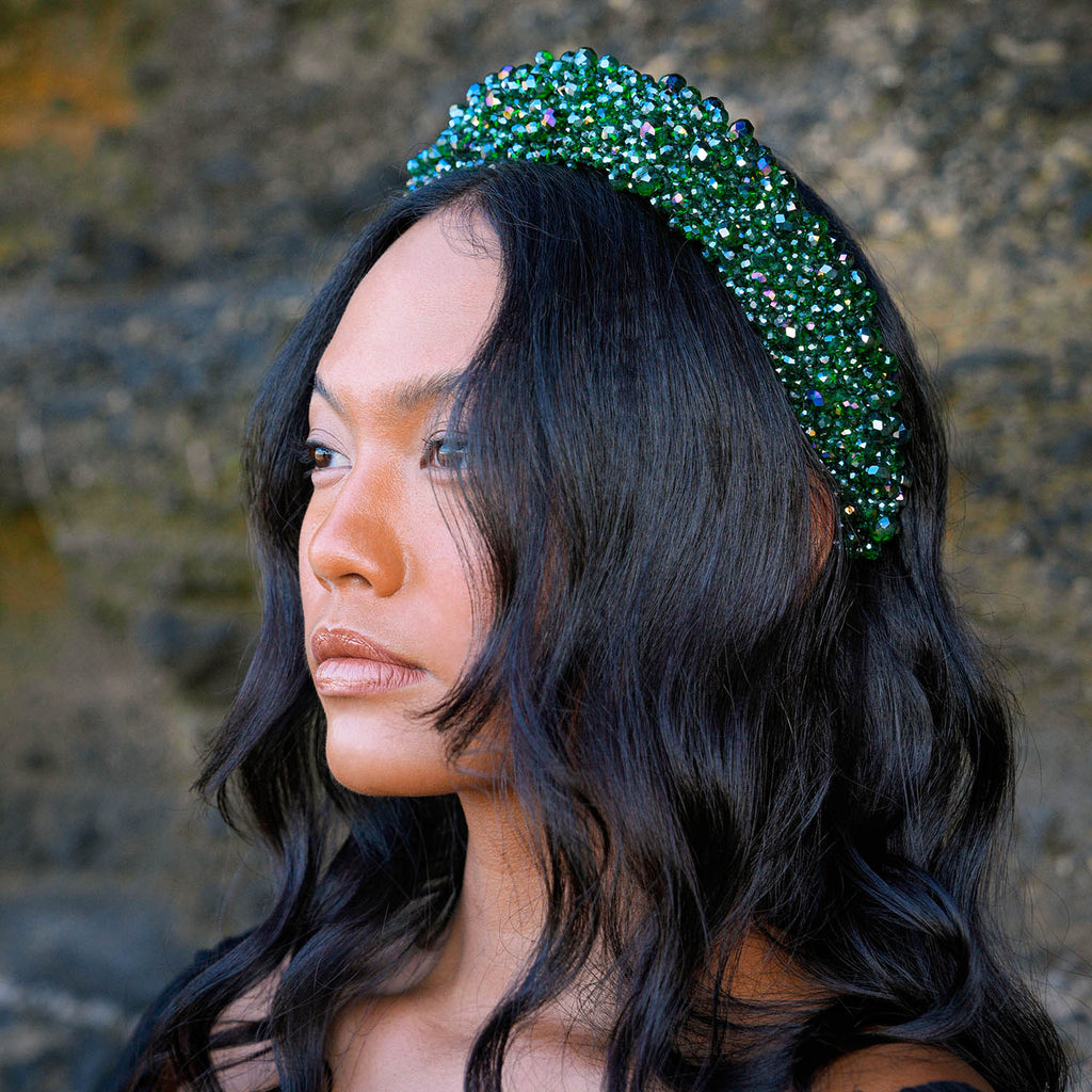 CROWN Glass Crystal Beads Headband In Emerald Green