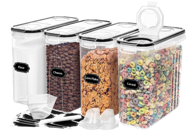 4-Piece Set: Airtight Cereal Storage Containers with Pour Spouts & Measuring Cup – 4L Kitchen Pantry Organizer by DailySale