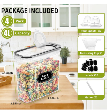 4-Piece Set: Airtight Cereal Storage Containers with Pour Spouts & Measuring Cup – 4L Kitchen Pantry Organizer by DailySale