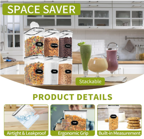 4-Piece Set: Airtight Cereal Storage Containers with Pour Spouts & Measuring Cup – 4L Kitchen Pantry Organizer by DailySale