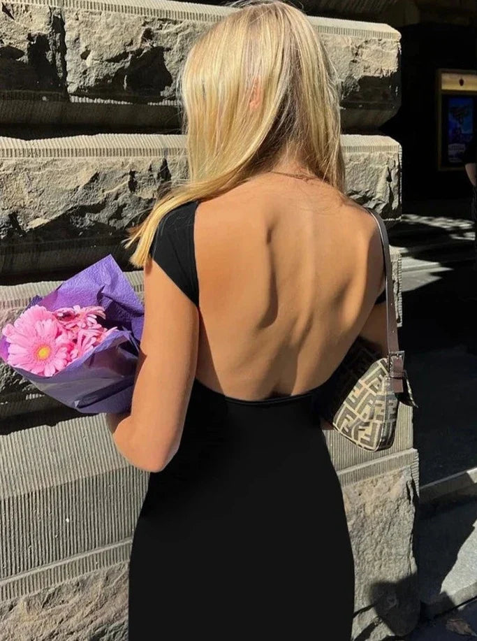 Elegant Short Sleeve Bodycon Maxi Dress O-neck Backless Lady Dresses by nowadaysfashion