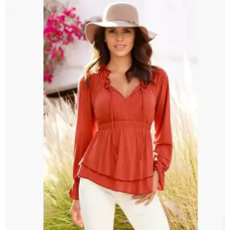 New Women's Long Sleeve Loose V-Neck Top