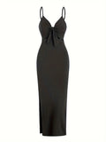 knit simple sleeveless suspender dress leaking back and sexy long skirt with neck. by nowadaysfashion