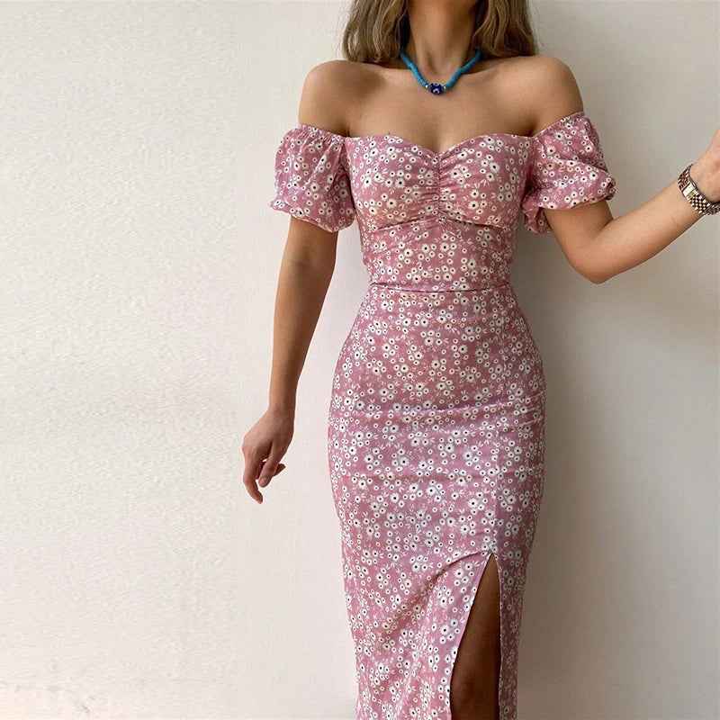 Summer Sexy Floral Printed Slash Neck Slim Fit Dress Women Casual Pack Hip Split Temperament Boho Midi Dresses Clothing