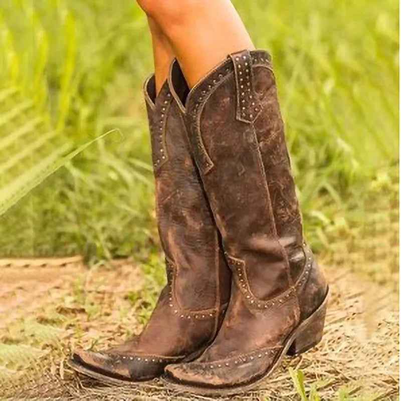Sh10296a Vintage Pointed Toe Western Cowboy Boots Women Low Heel Boots Girl