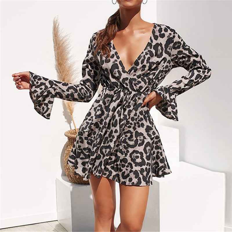 Summer Chiffon Dress Women Leopard Print Boho Beach Dresses