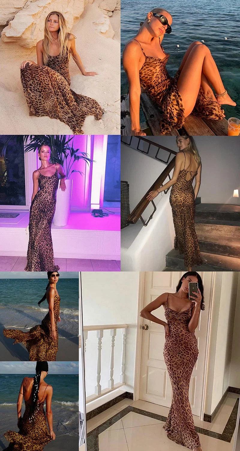 Leopard Print V-Neck Sexy Bodycon Long Dress Women Lace Up Backless Beach Vestidos by nowadaysfashion