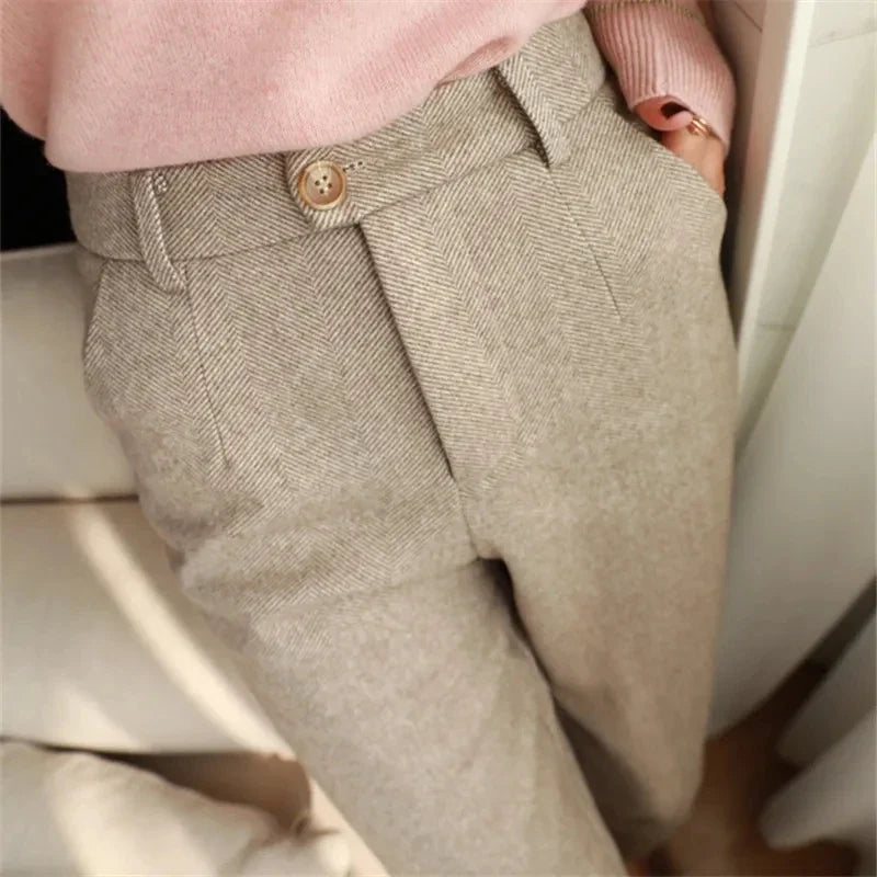 Woolen Pants Women's Harem Pencil Pants 2026 Autumn Winter High Waisted Casual Suit Pants Office Lady Women Trousers by Urban Fashion Icon