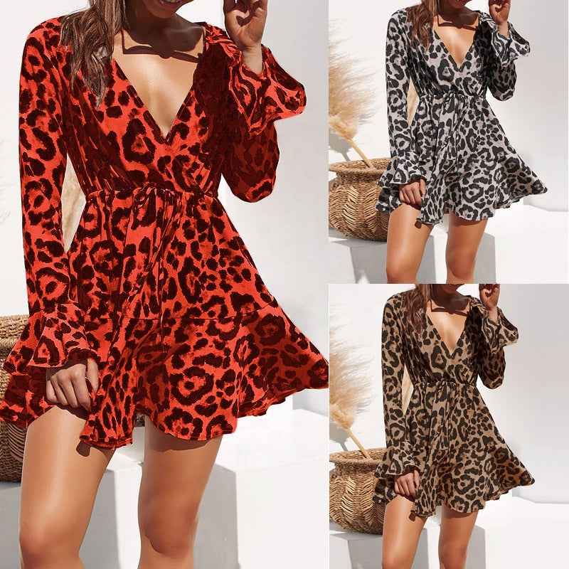 Summer Chiffon Dress Women Leopard Print Boho Beach Dresses