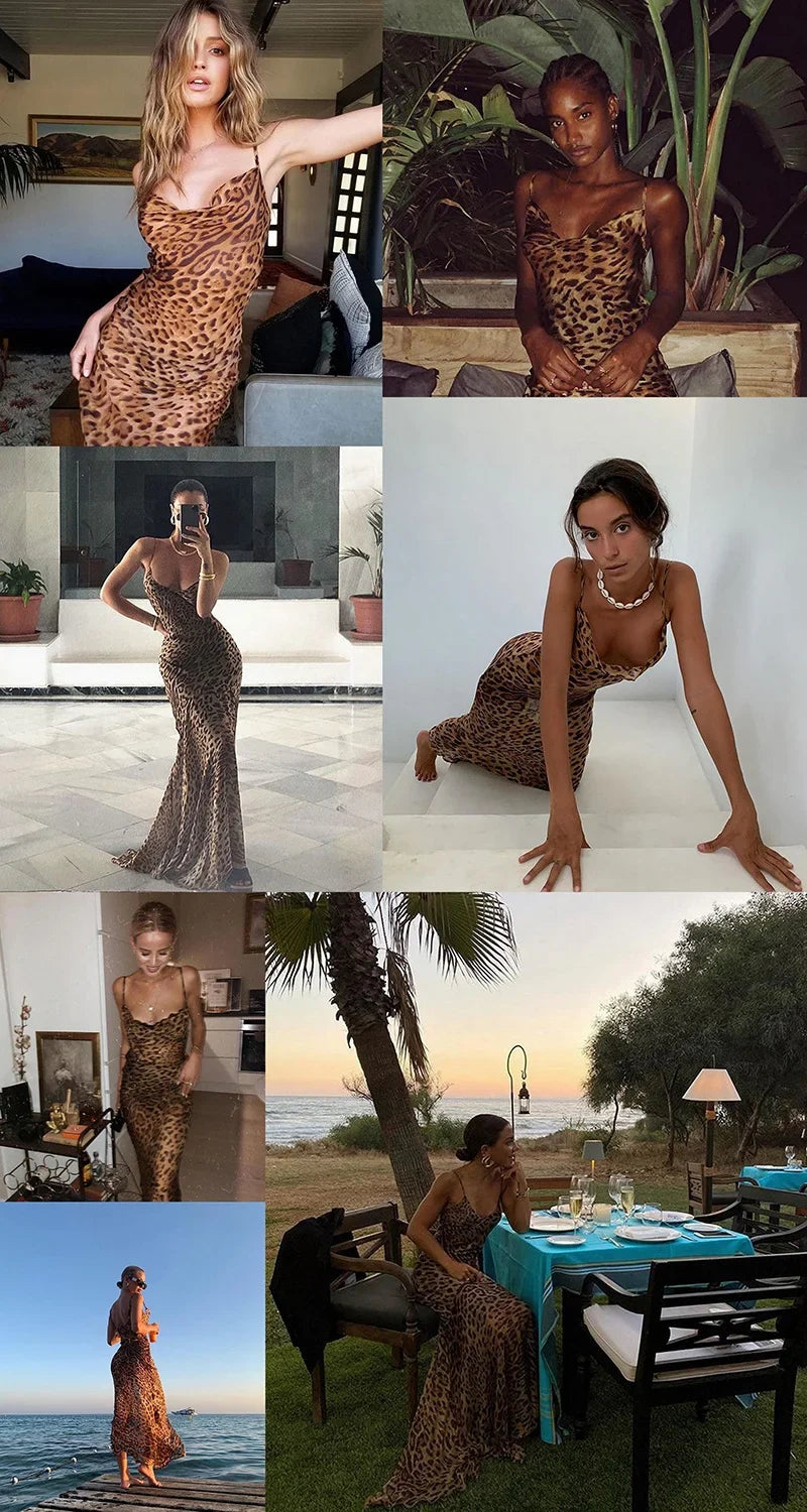 Leopard Print V-Neck Sexy Bodycon Long Dress Women Lace Up Backless Beach Vestidos by nowadaysfashion