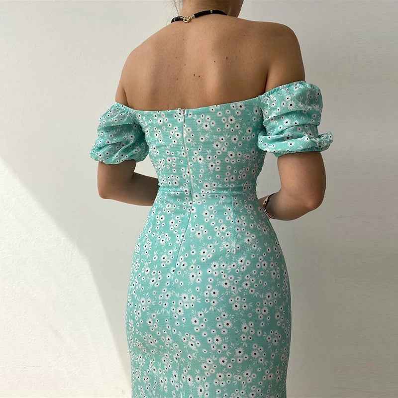 Summer Sexy Floral Printed Slash Neck Slim Fit Dress Women Casual Pack Hip Split Temperament Boho Midi Dresses Clothing