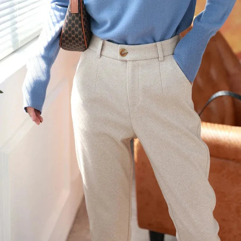 Woolen Pants Women's Harem Pencil Pants 2026 Autumn Winter High Waisted Casual Suit Pants Office Lady Women Trousers by Urban Fashion Icon