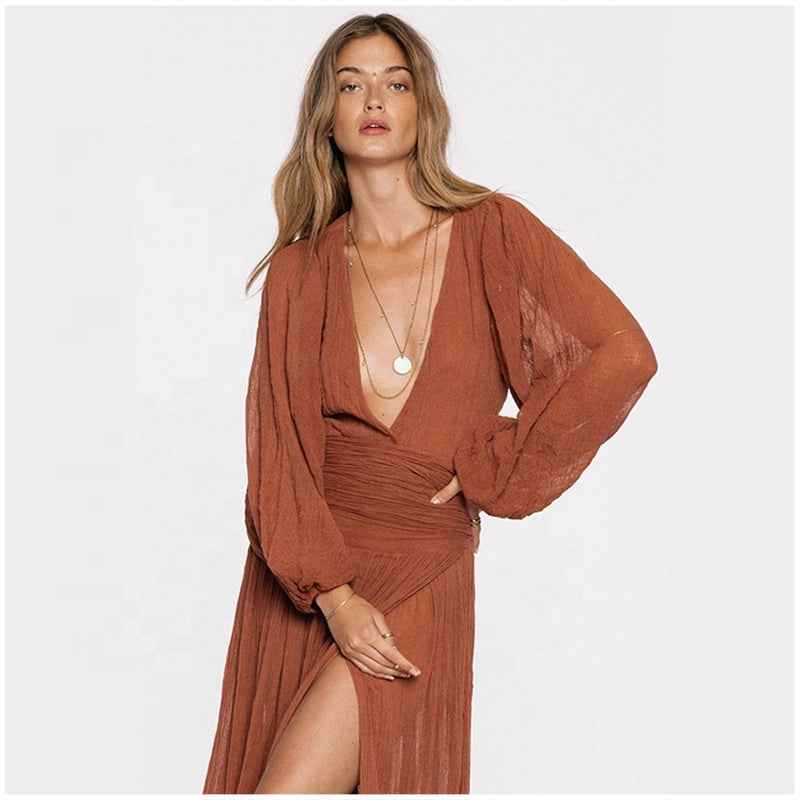 Boho Clothing Bohemian Solid Color Deep v Neck High Split Lantern Sleeve Sexy Dress