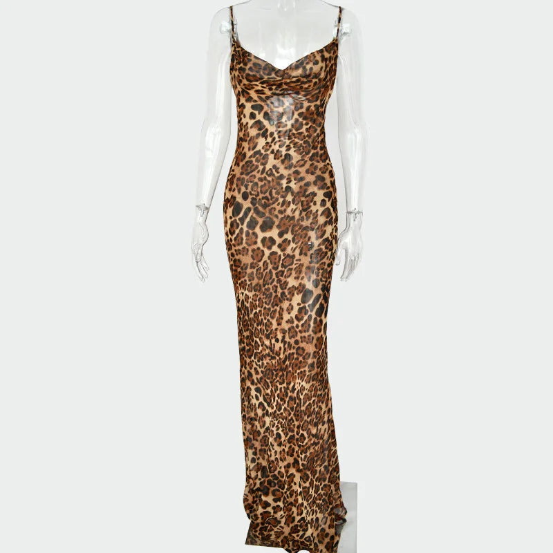 Leopard Print V-Neck Sexy Bodycon Long Dress Women Lace Up Backless Beach Vestidos by nowadaysfashion