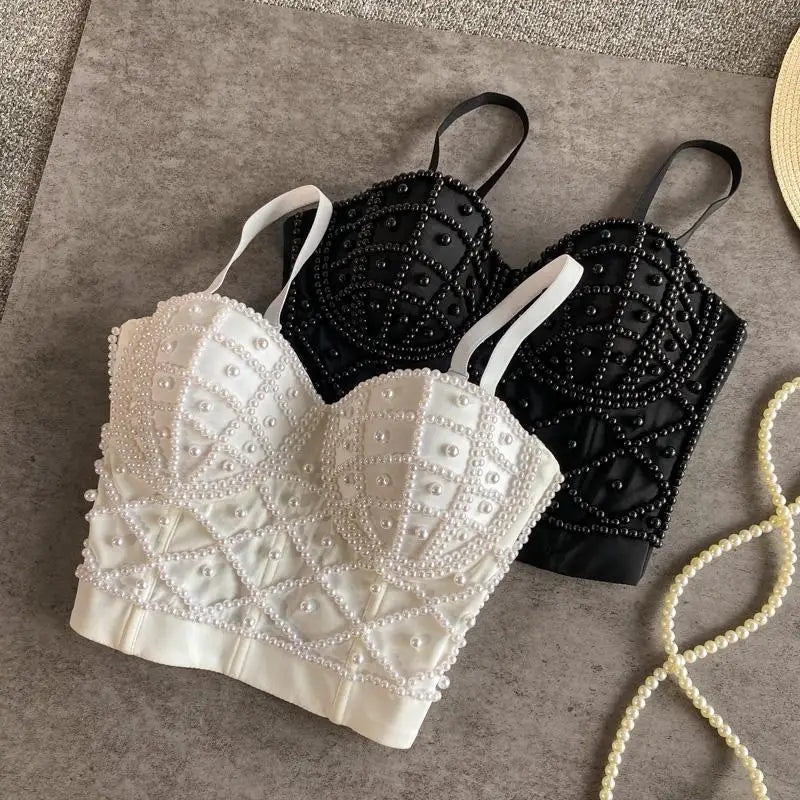 Full Beads Female Corset Top Women Camis Nightclub Pearls Short Chest Binder Sexy Camisole Mujer Lingerie Tube Bra Debardeur by Urban Fashion Icon