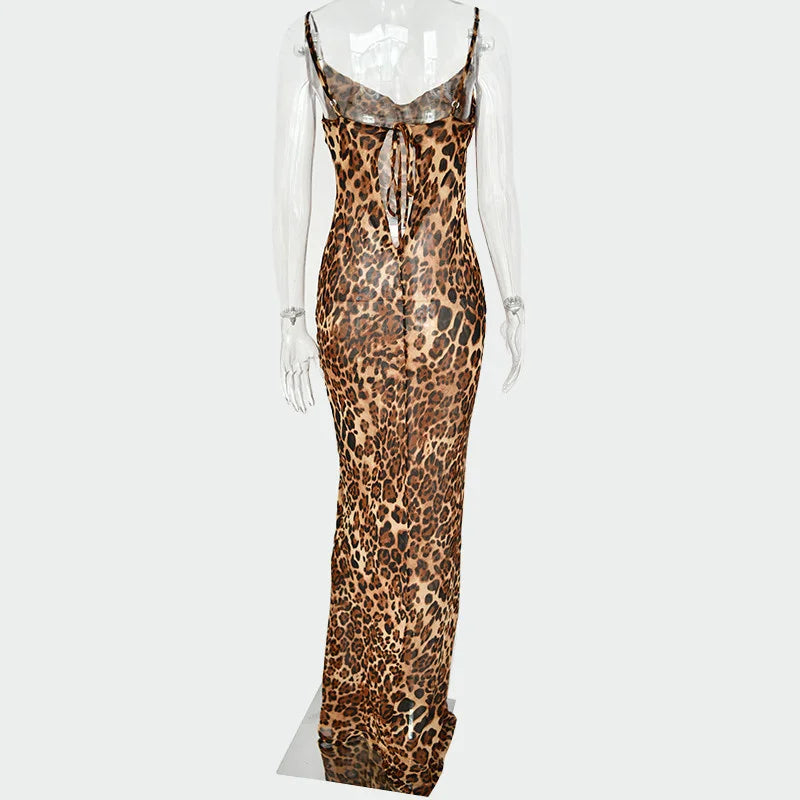 Leopard Print V-Neck Sexy Bodycon Long Dress Women Lace Up Backless Beach Vestidos by nowadaysfashion