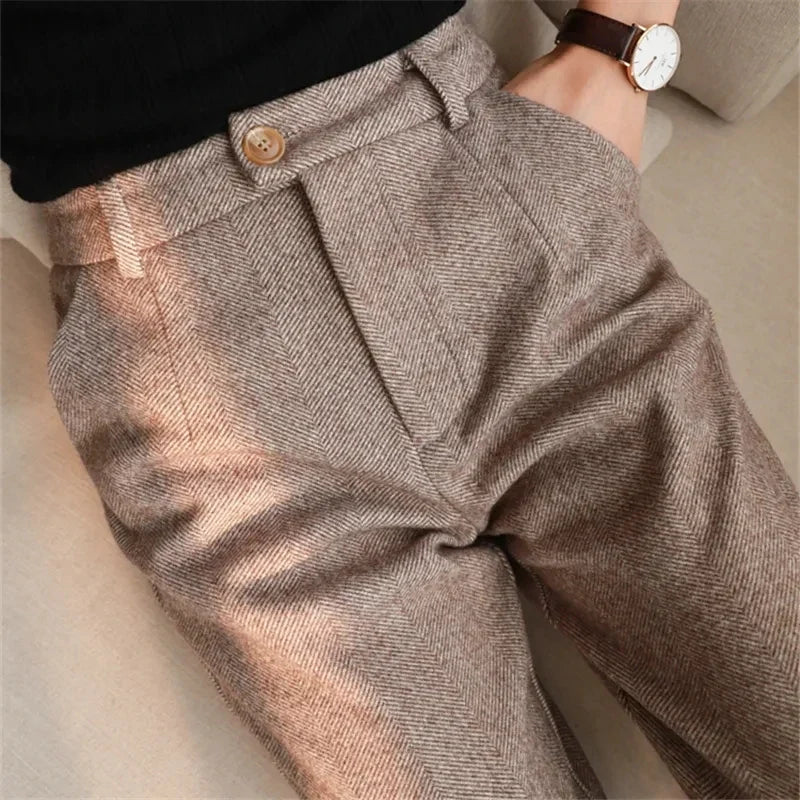 Woolen Pants Women's Harem Pencil Pants 2026 Autumn Winter High Waisted Casual Suit Pants Office Lady Women Trousers by Urban Fashion Icon