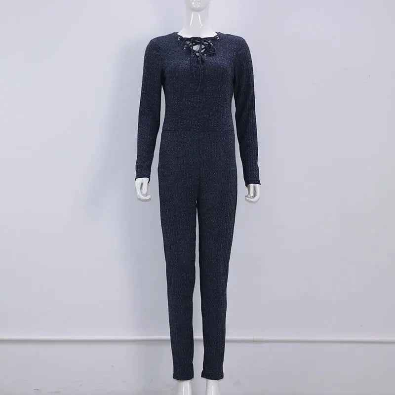 Rompers Women Jumpsuit 2024 New Fashion Long Sleeve Sexy v Cross Bandage Neck Knitted Bodycon Long Pant Slim Sweater Jumpsuits