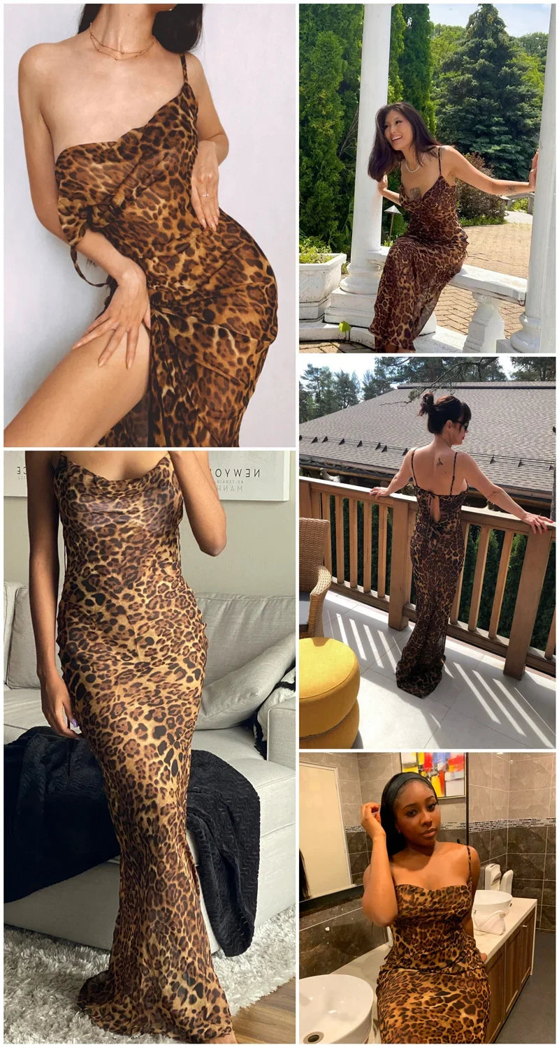 Leopard Print V-Neck Sexy Bodycon Long Dress Women Lace Up Backless Beach Vestidos by nowadaysfashion