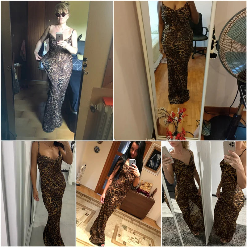 Leopard Print V-Neck Sexy Bodycon Long Dress Women Lace Up Backless Beach Vestidos by nowadaysfashion