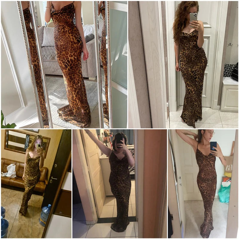 Leopard Print V-Neck Sexy Bodycon Long Dress Women Lace Up Backless Beach Vestidos by nowadaysfashion