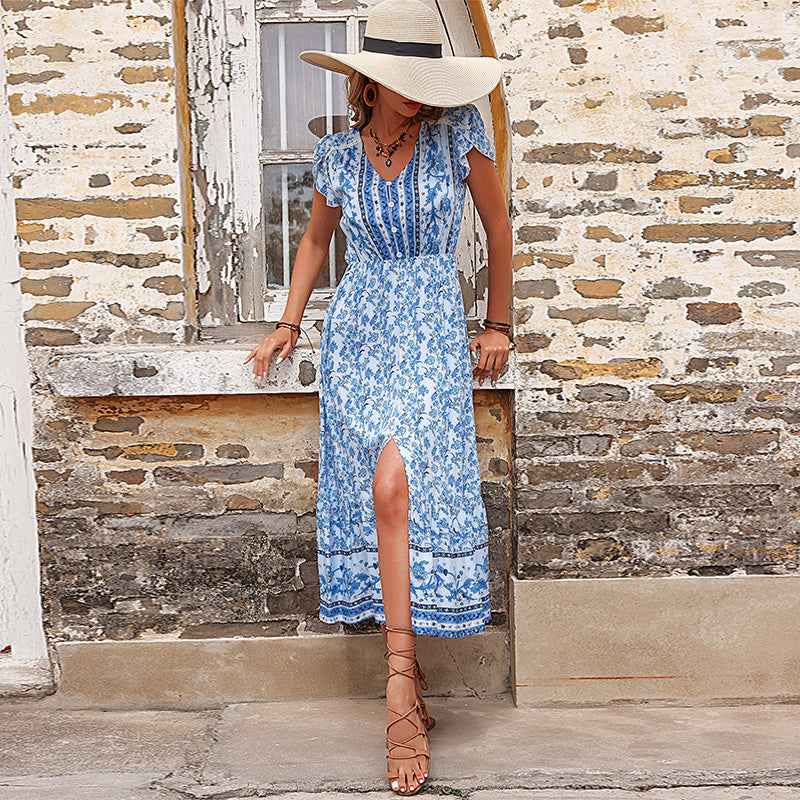 New Summer Bohemian Split Dress Plain v Neck Short Sleeve Casual Ethnic Style Clothing Loose Women Boho Dress