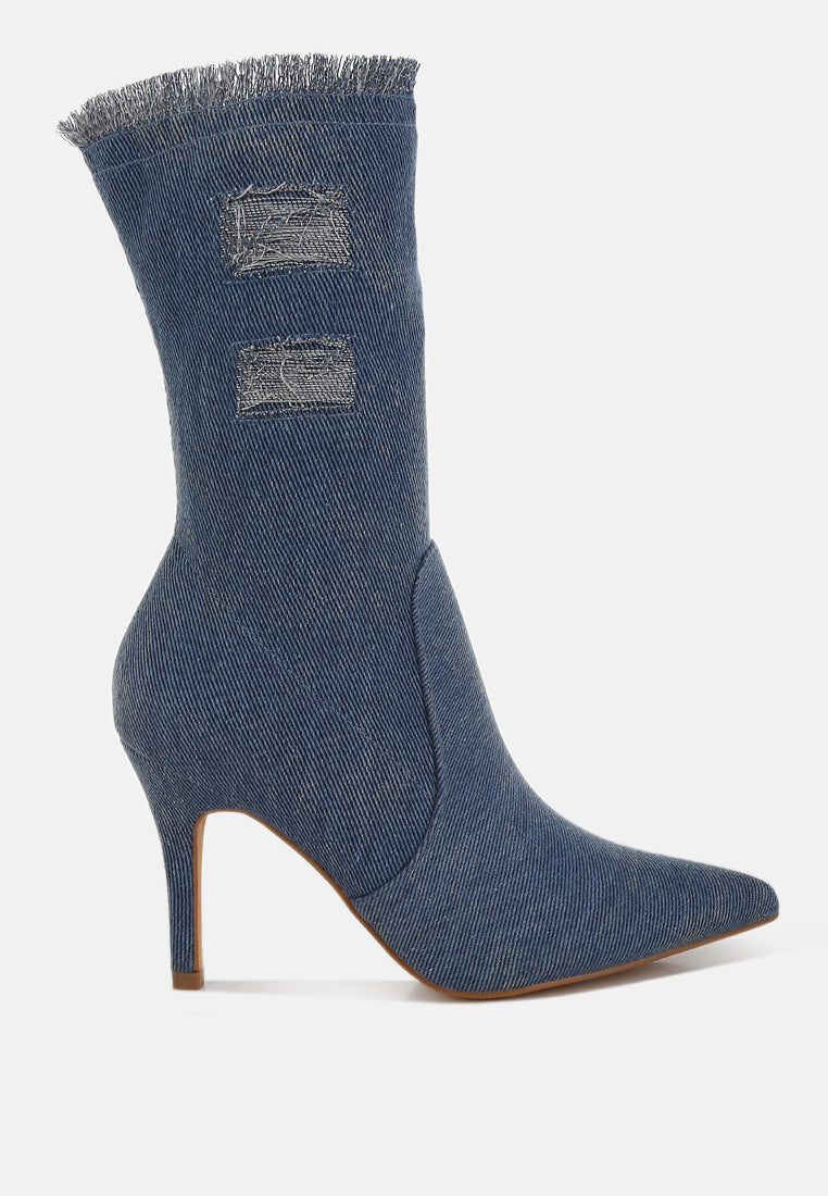 Himkok Distressed Denim Mid-Calf Boots - Goddess Imports Marketplace