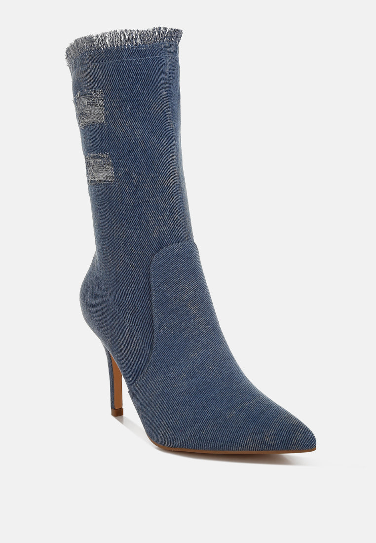 Himkok Distressed Denim Mid-Calf Boots - Goddess Imports Marketplace