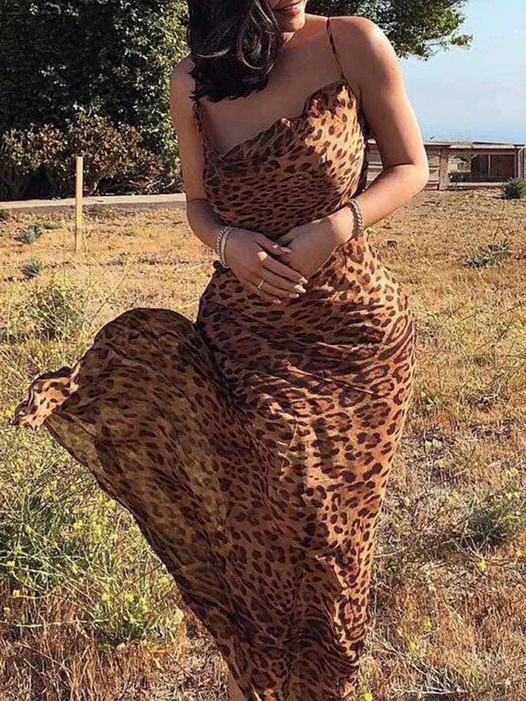 Leopard Print V-Neck Sexy Bodycon Long Dress Women Lace Up Backless Beach Vestidos by nowadaysfashion