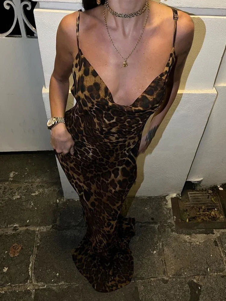 Leopard Print V-Neck Sexy Bodycon Long Dress Women Lace Up Backless Beach Vestidos by nowadaysfashion