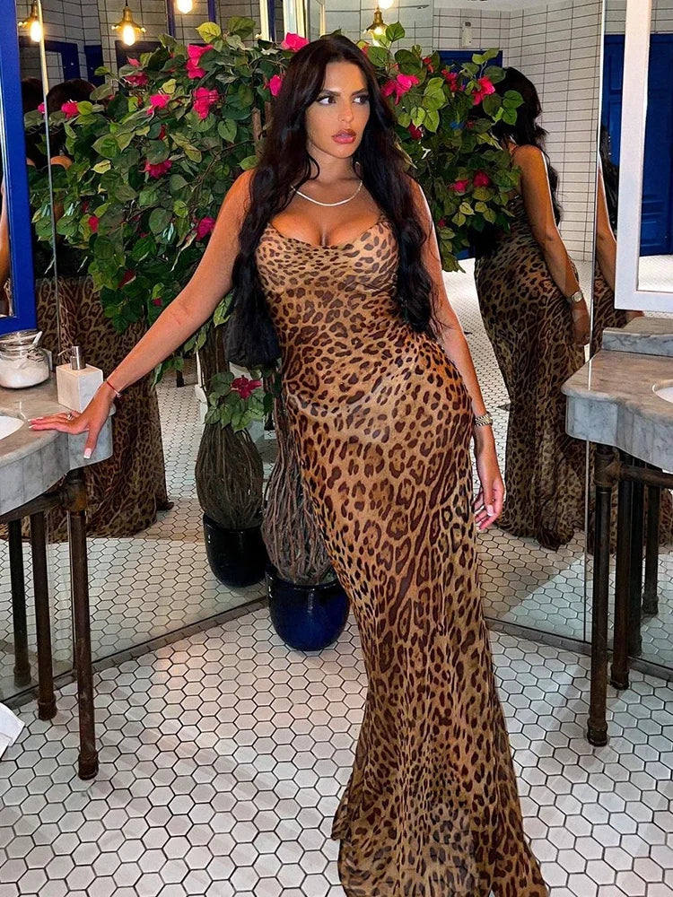 Leopard Print V-Neck Sexy Bodycon Long Dress Women Lace Up Backless Beach Vestidos by nowadaysfashion