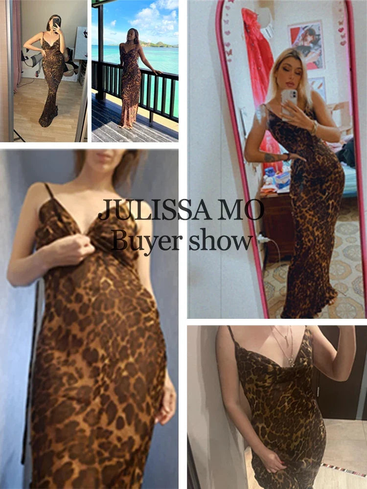 Leopard Print V-Neck Sexy Bodycon Long Dress Women Lace Up Backless Beach Vestidos by nowadaysfashion