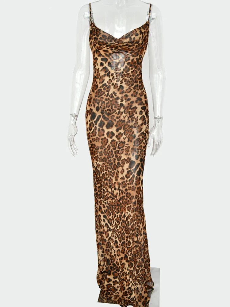 Leopard Print V-Neck Sexy Bodycon Long Dress Women Lace Up Backless Beach Vestidos by nowadaysfashion