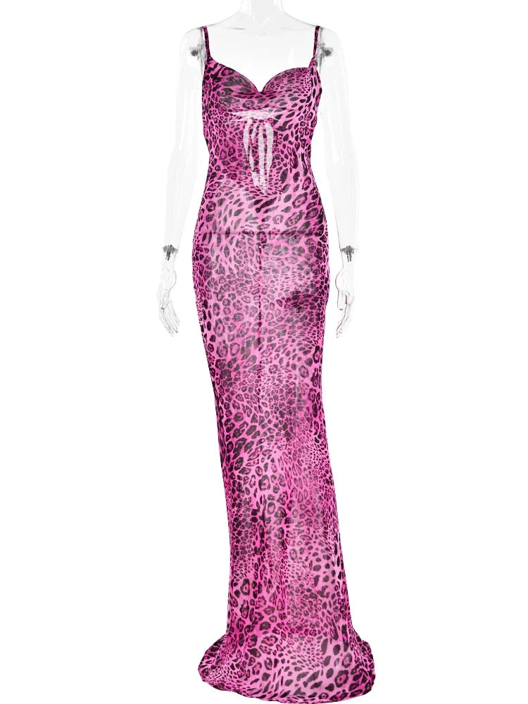 Leopard Print V-Neck Sexy Bodycon Long Dress Women Lace Up Backless Beach Vestidos by nowadaysfashion