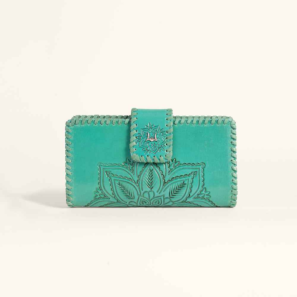 Loyal West Desert Lotus Wallet  - Turquoise  Handtooled Leather & Calfskin