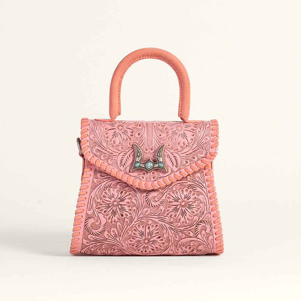 Loyal West Leon Mini Handle Purse - Pink Handtooled Leather & Calfskin