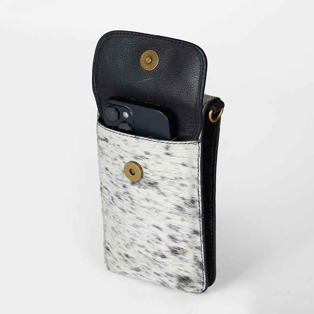 Loyal West SHELL PHONE BAG IN BLACK AND WHITE COWHIDE