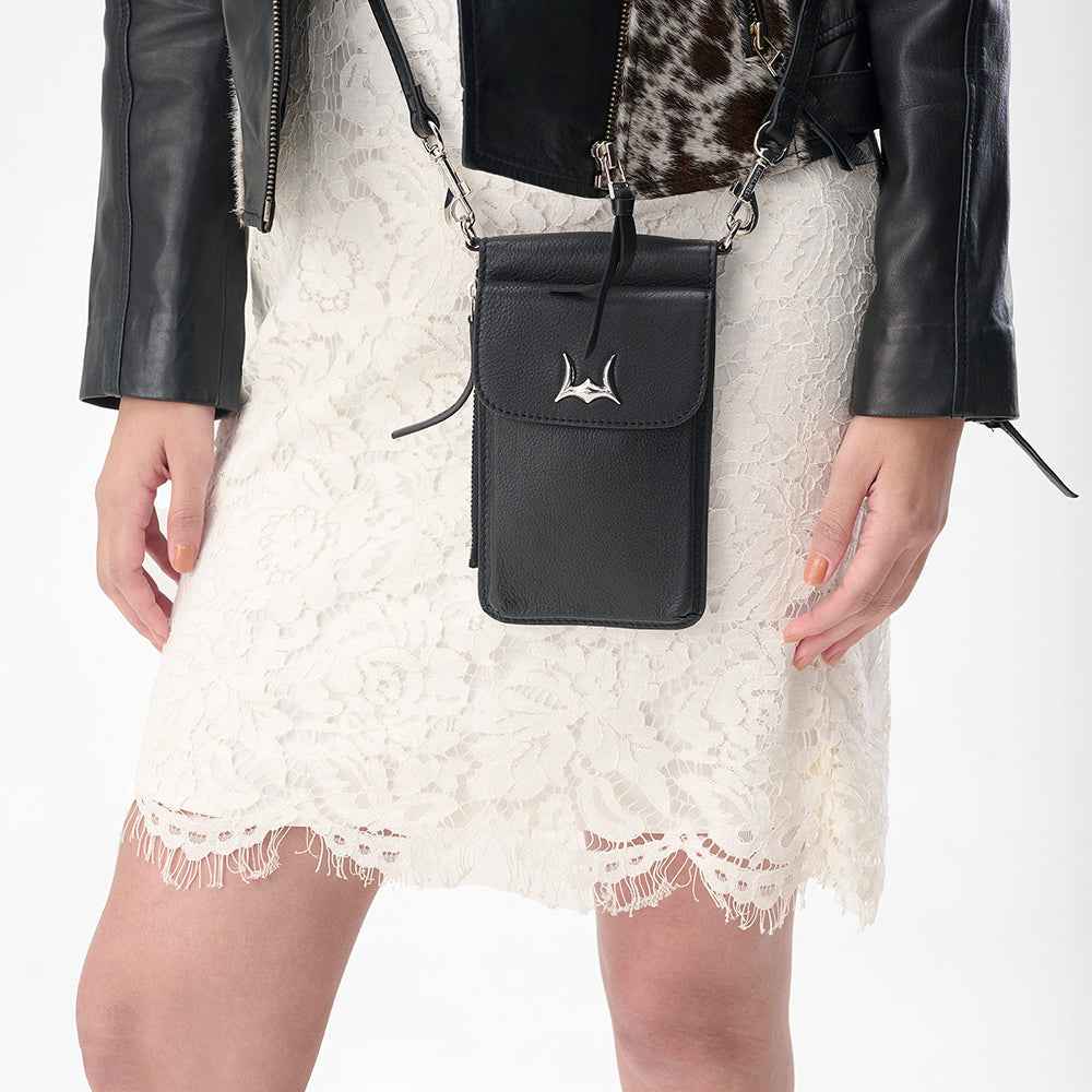 Loyal West SHELL PHONE BAG IN CALF LEATHER -BLACK