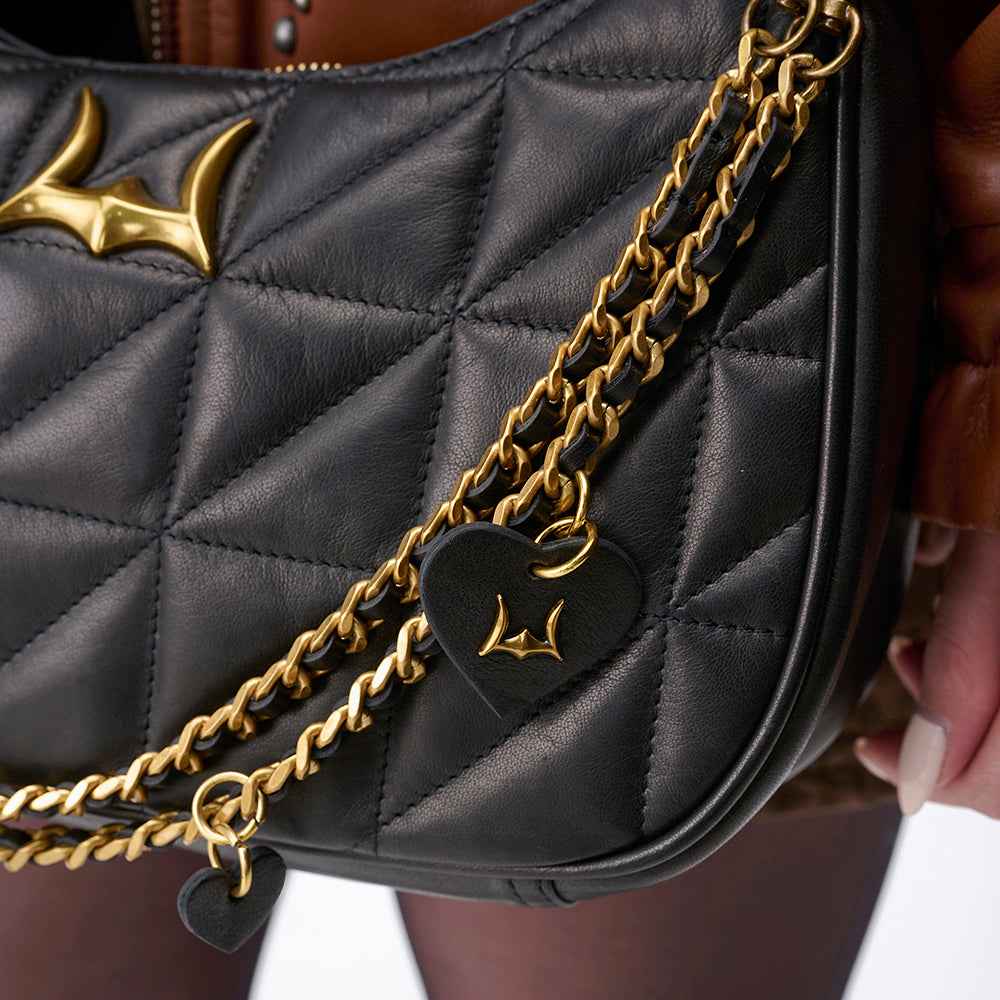 Loyal West HEART CHARM CHAIN IN BLACK CALF LEATHER (2 In 1 Crossbody Chain)