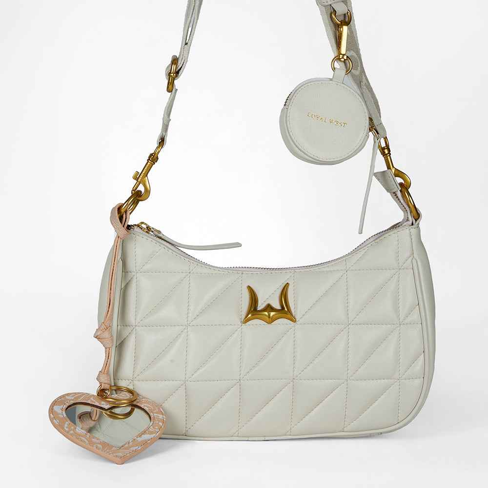 Loyal West HEART SHAPE BAG CHARM IN HAND FINISHED EMBOSSED LEATHER - WHITE